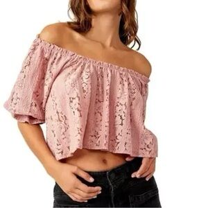 Free People Blush Lace Off-Shoulder Crop Top